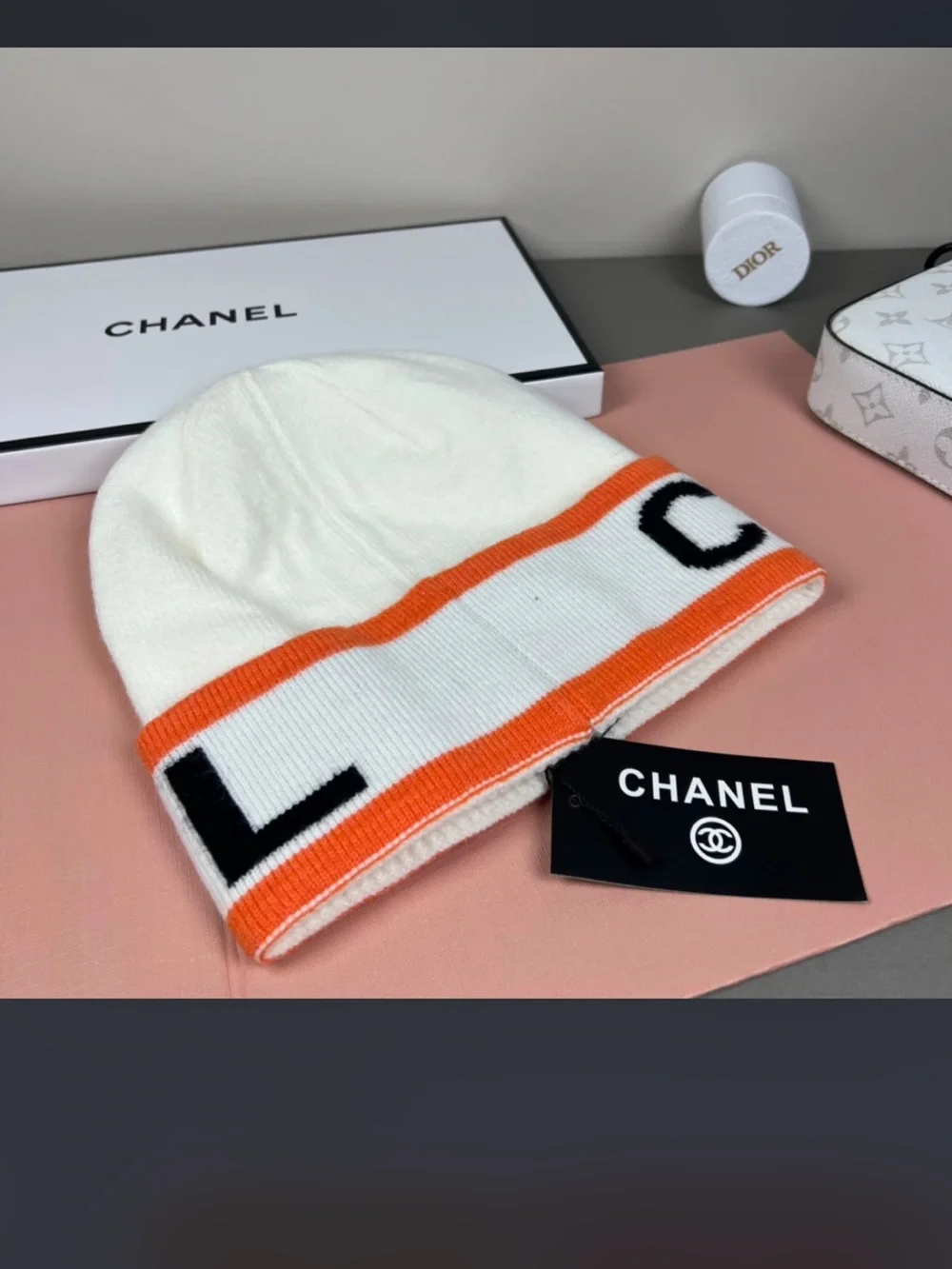 🧡 Double C Designer Large Letter Spell Out Beanie Hat Cap Orange